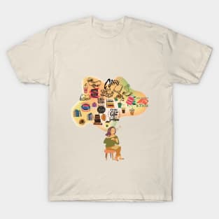 A girl drinking coffee and reading a book while imagining all things books and coffee T-Shirt